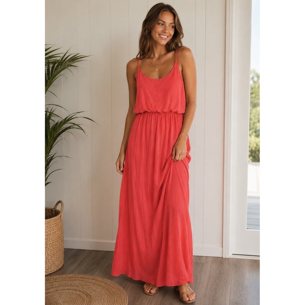 Sugar Rain Maxi Dress S Pink Coral Spaghetti Strap Elastic Waist Blouson BohoTop